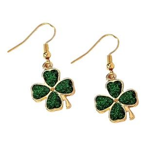 NEW Women's Four-Leaf Clover Sparkly Good Luck Dangle Earrings in Gold
